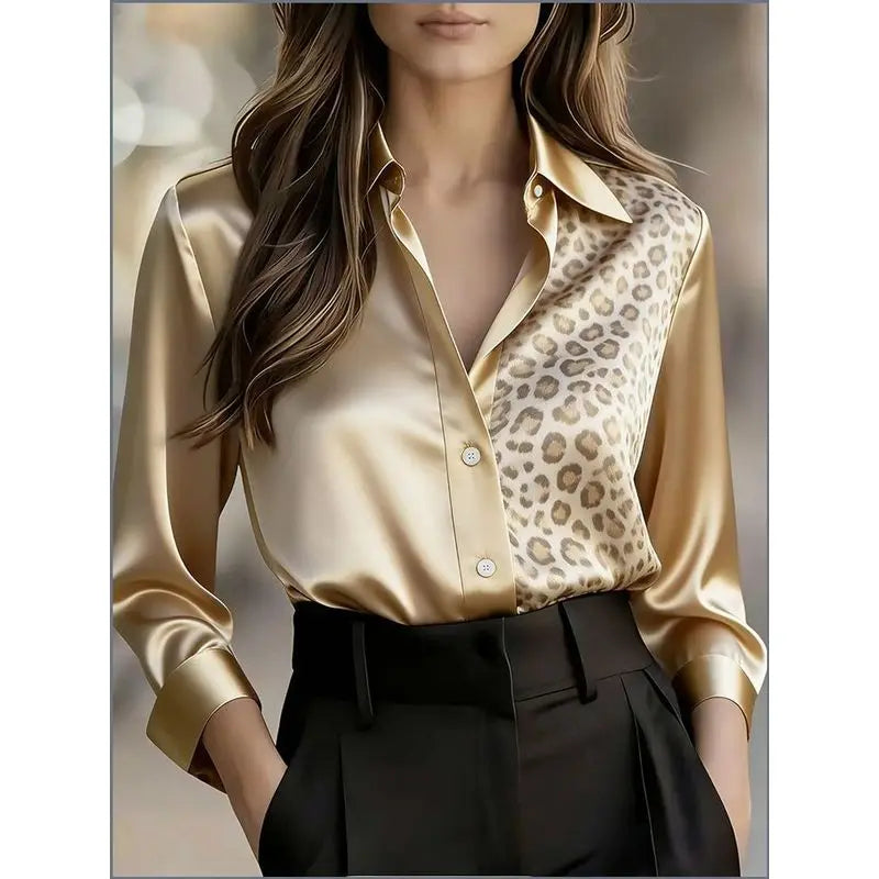 Popular3dPrinted women's satin collared long-sleeve shirt with leopard print, fashionable European and American women's clothing