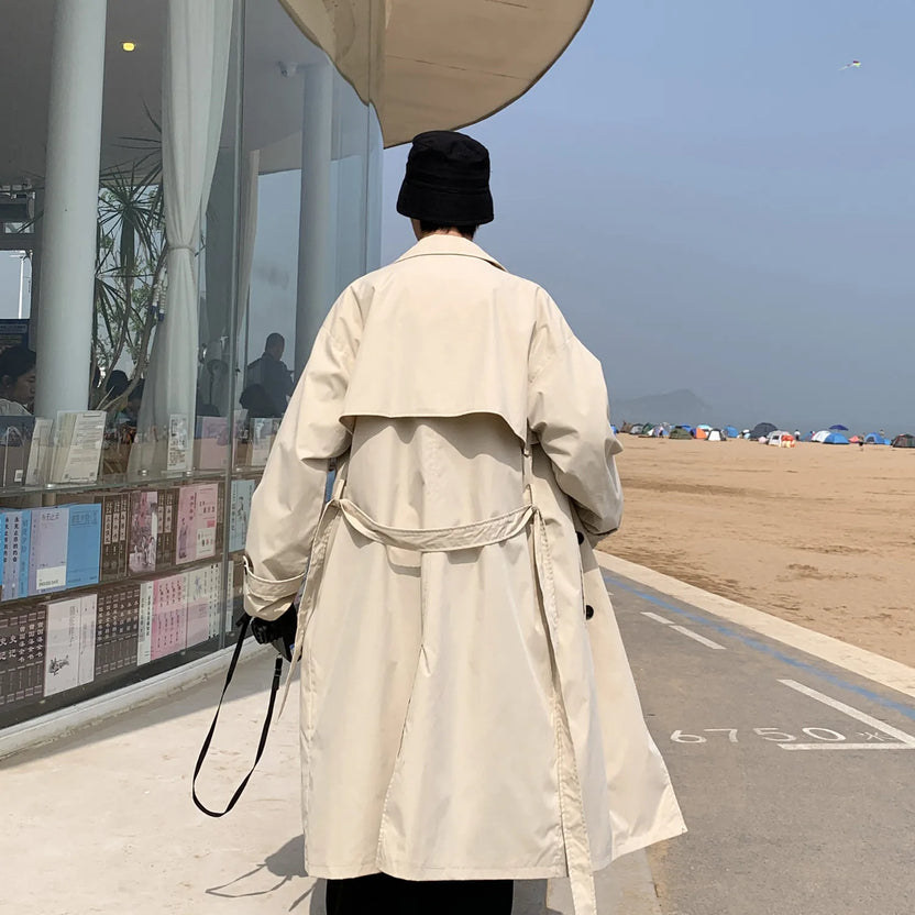 Koreansk stil vår trenchcoat herr streetwear vindjacka trenchcoat män enfärgad business casual lös lång överrock