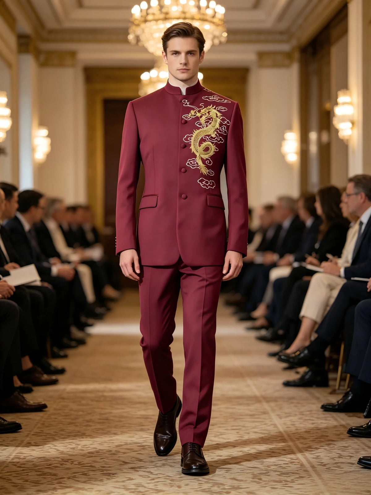 Herren Zhongshan-Anzug 2-teiliges Set Rot bestickt Wunschfarbe Festliches Outfit für Bräutigam Moderator Hochzeit Bühne Party Auftritt