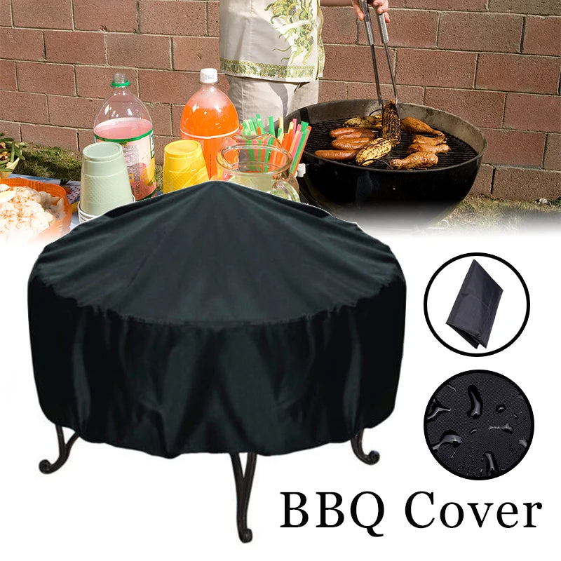 Black Waterproof Patio Fire Pit Cover Round Table Cover Round BBQ Accessories Grill Cover Anti-Uv Dust Rain Barbecue Supplies