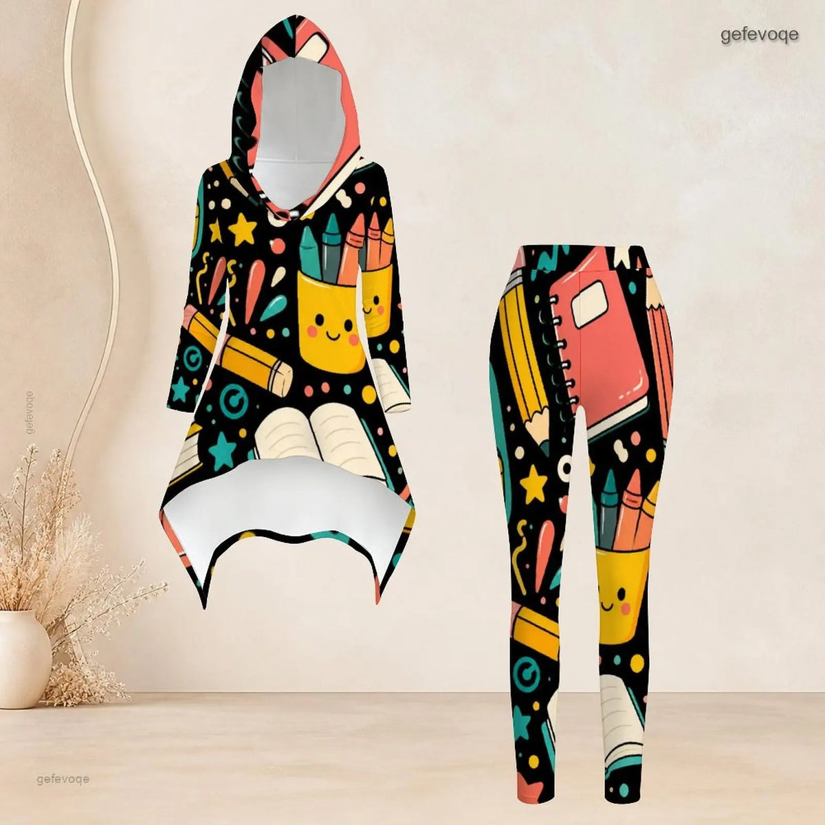 Fashion Women Casual 2 Piece Set Hooded Long Sleeve Hi Lo Asymmetrical Tunic Top Matching High Waist Slim Leggings T Daily Suit