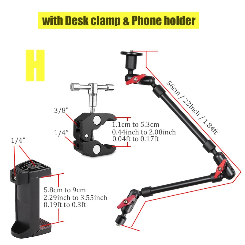 Brazo mágico de aleación de aluminio de 32" BFOLLOW con abrazadera para cámara y dispositivos móviles