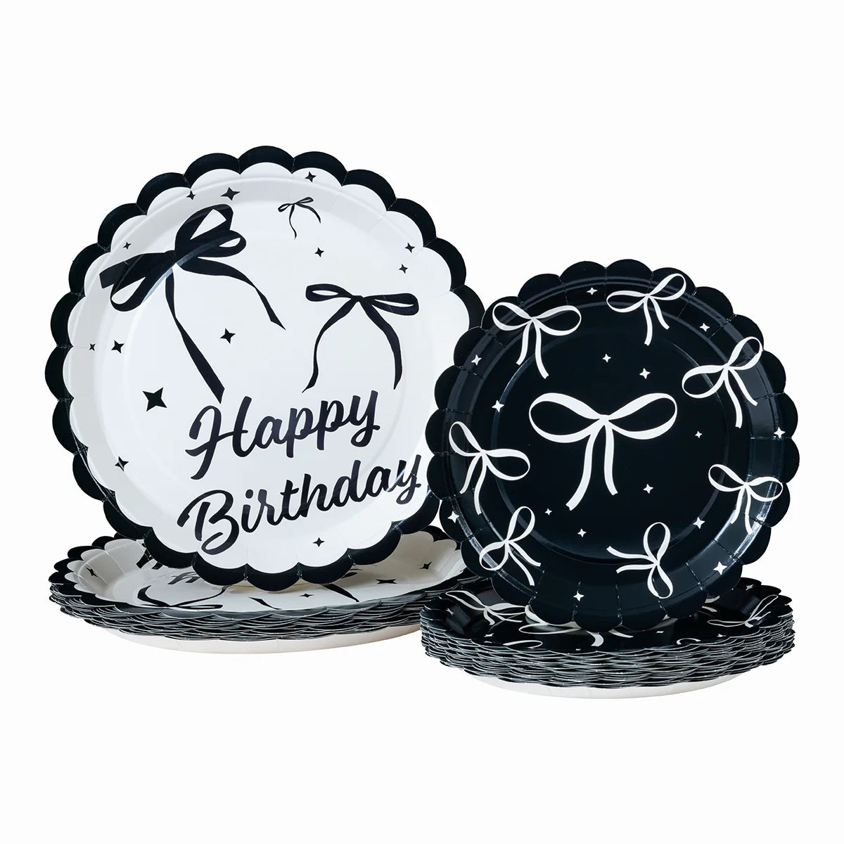 Black White Bow Print Disposable Paper Plates, Happy Birthday Themed Paper Plates for Party and Celebrations