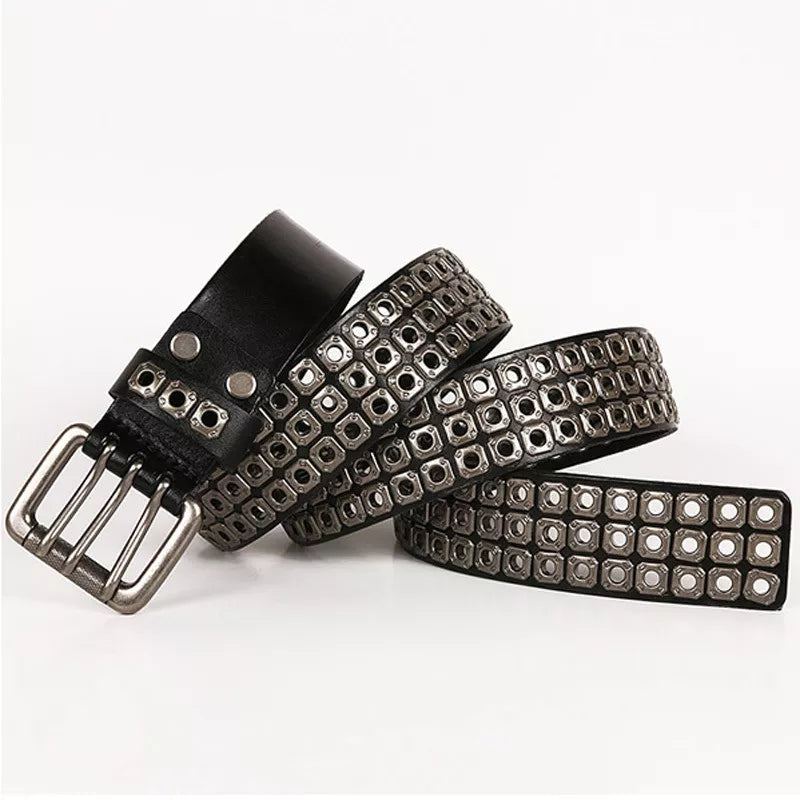 3 Needles Heavy Metal Cowboy Punk Belt Real Genuine Leather Hip Hop Belts Men Cross Square Rivet Jeans Belt Male Strap Studded