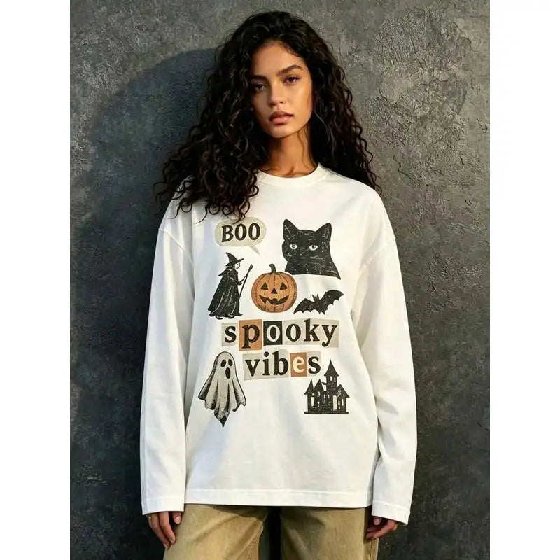 Women's Halloween Graphic Long Sleeve T-Shirt, Crew Neck Loose Fit Casual Top For Fall, Daily Wear, Halloween Parties
