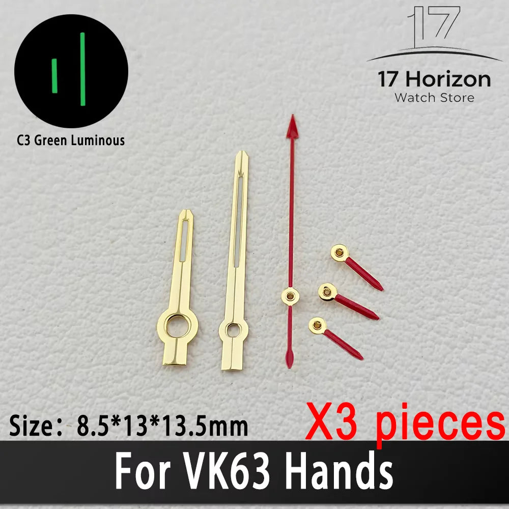 Agujas VK63 de alta calidad, manecillas de carreras para reloj VK63, manecillas de reloj con luminiscencia verde C3, piezas de relojes para hombre con movimiento de cuarzo VK63
