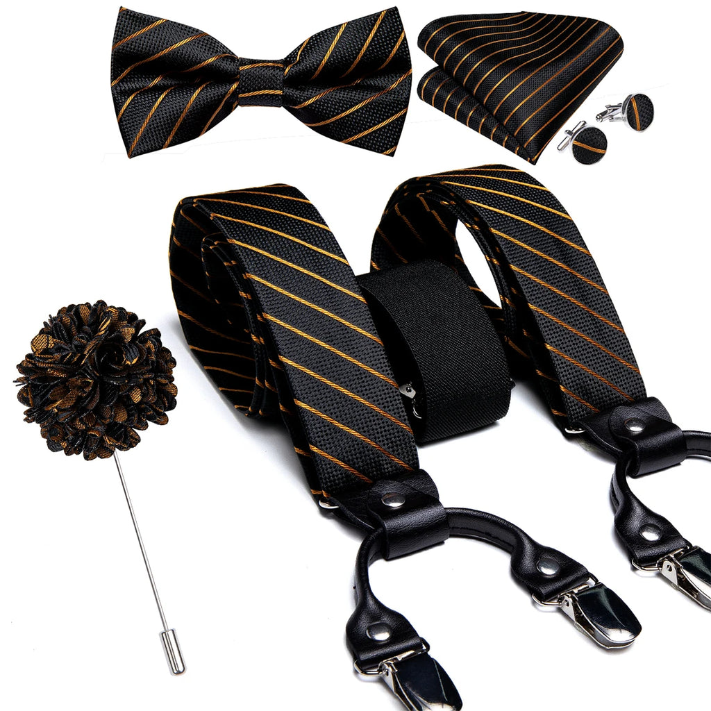 Luxury White Men's Suspenders Adjustable 6 Clips Braces DiBanGu Leather Metal Pre-Tied Bow Tie Brooch Pocket Square Set