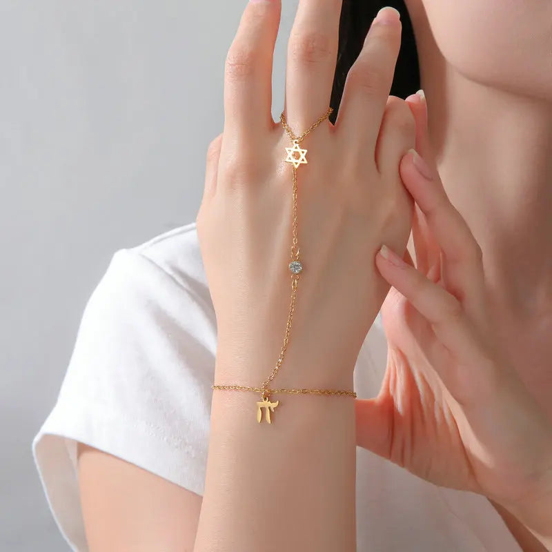 Jewish Star of David Hebrew Letter Chai Finger Bracelet Stainless Steel Adjustable Hexagram Zircon Bracelets Amulet Jewelry