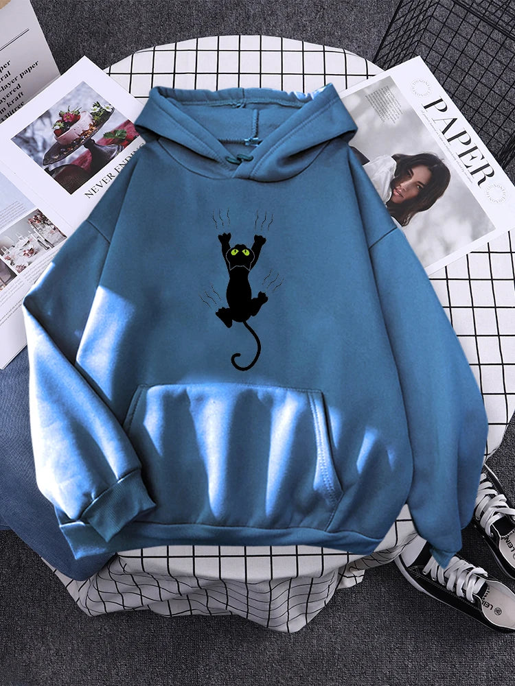Damska bluza z kapturem w czarne koty, modny styl koreański, zimowa odzież oversize z polarem