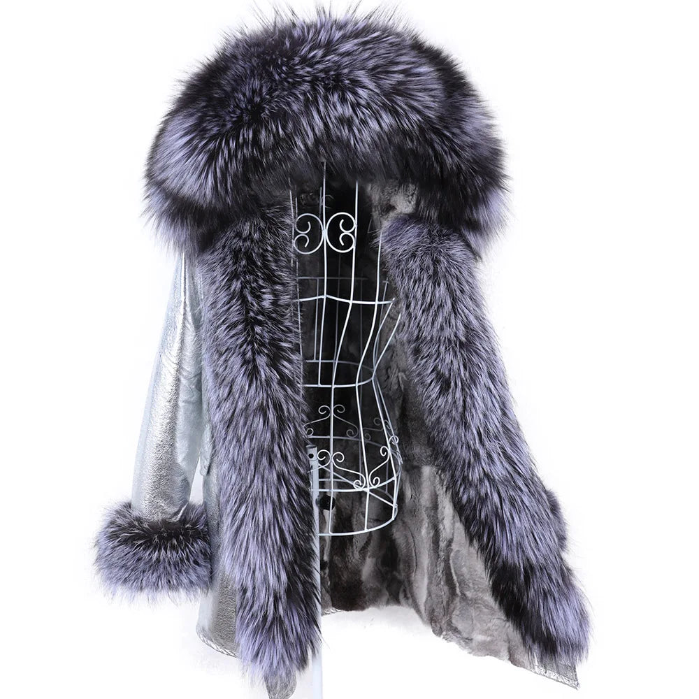 MAOMAOKONG 2026 Removable Real Fox Fur Collar Coats Woman Winter Jacket Hooded Rabbit Fur Lining Long Parkas Female Clothes