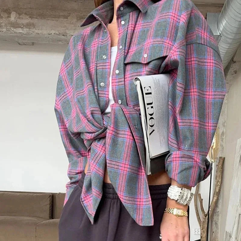 Nowa damska koszula w stylu vintage, oversize, z długim rękawem, w kratę, bluzka, góra, jesień-zima, zapinana na guziki, luźny krój, z kołnierzykiem i kieszenią, styl koreański