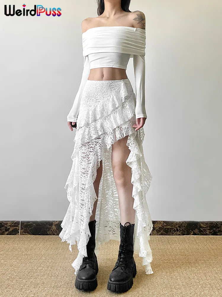 Weird Puss Women's Asymmetrical Tassel Skirt with Ruffles