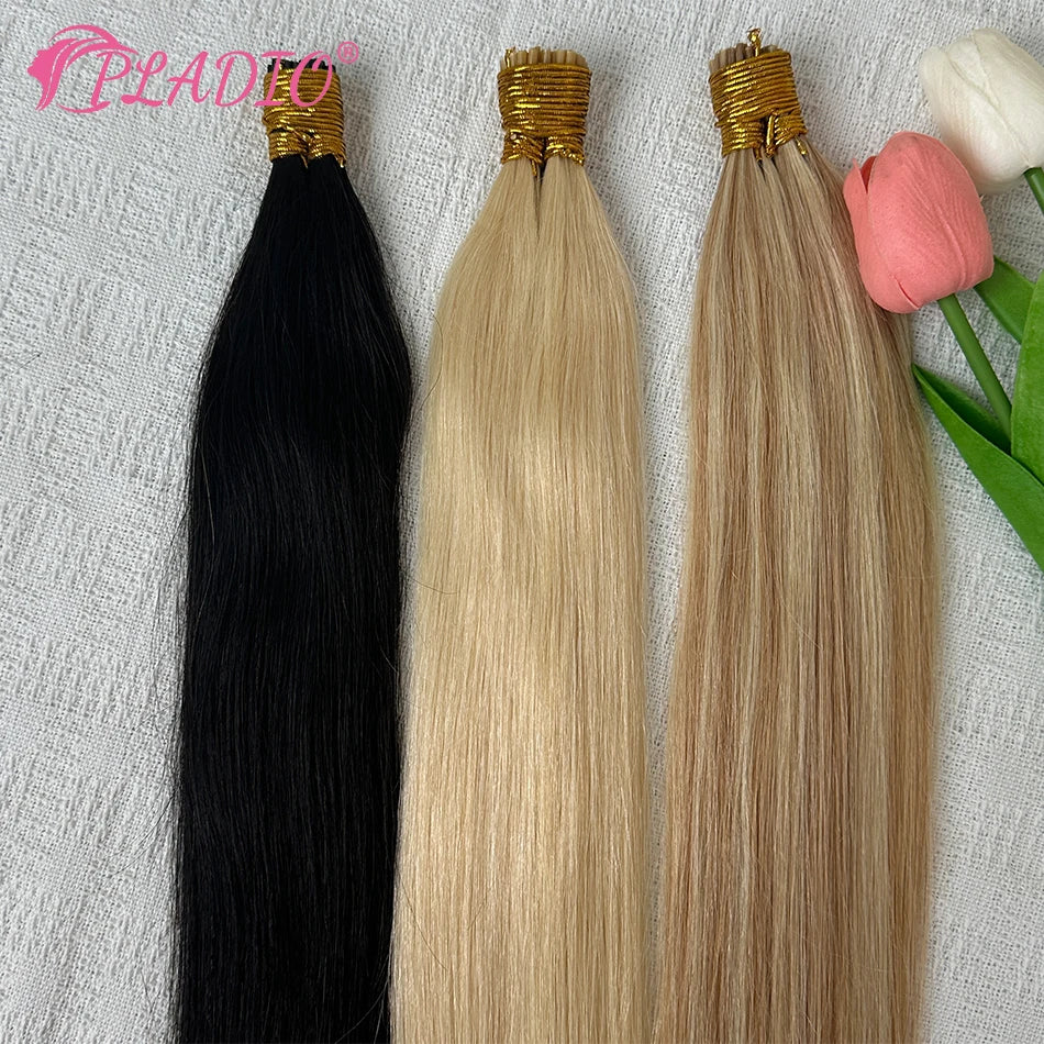 PLADIO Straight I Tip Hair Extensions Human Natural Hair Extensions Keratin Capsule Original Human Hair 12-26 Inch 50pcs 100pcs
