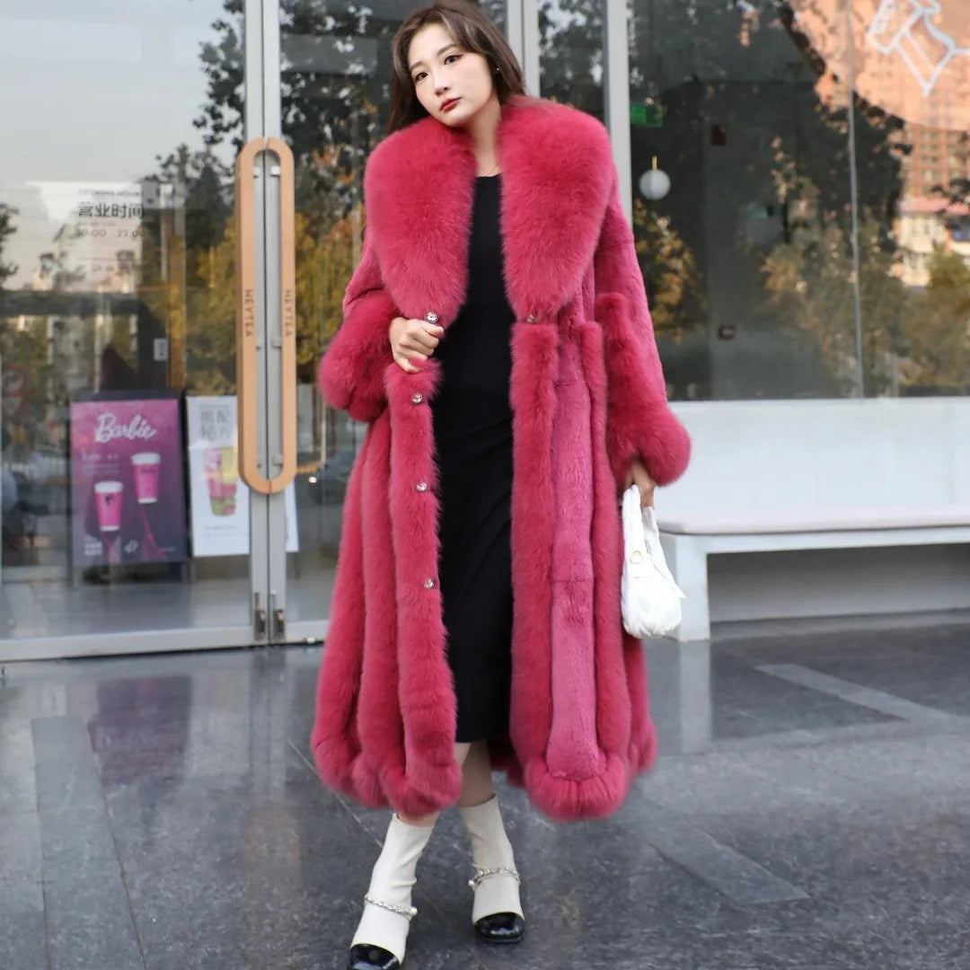 2026 Autumn Luxury Real Fox Fur Coat Long Women Genuine Rex Rabbit Fur Coat Famale Outerwear