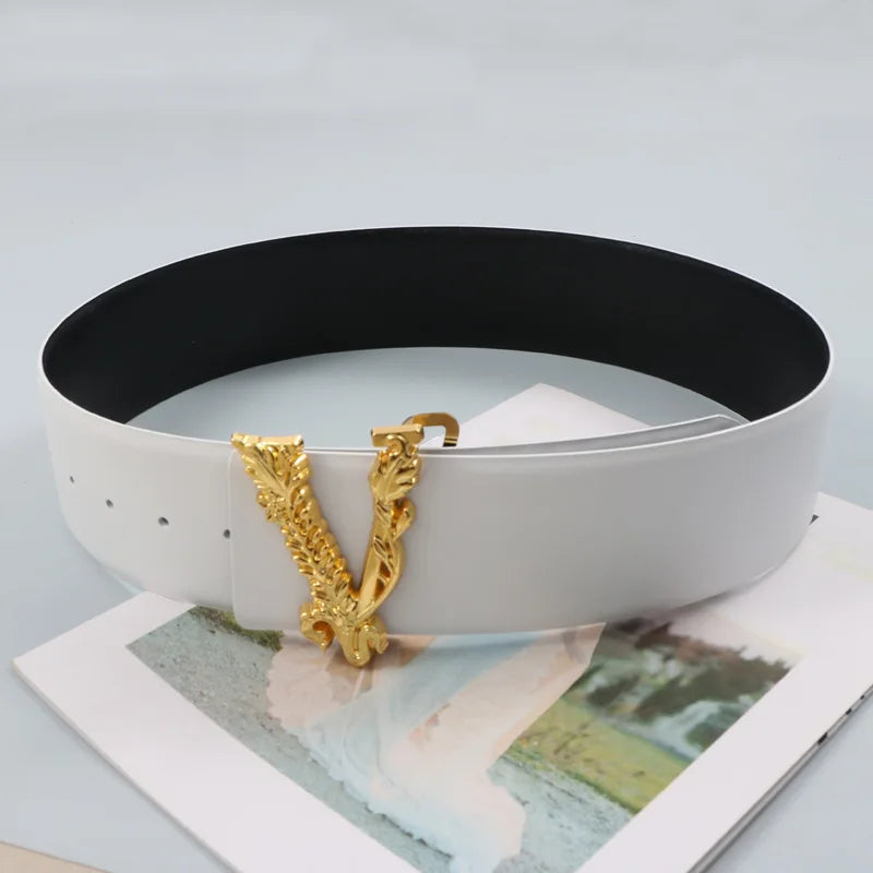 Width 6.5CM Waist Belt Women Metallic Gold Large V-Shaped Cowhide Decoration Versatile Fashion Commuter Dress Jacket Jeans Belt