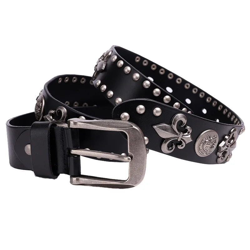 NUEVO Cinturón de cuero auténtico con remaches de metal pesado estilo punk para hombre, cinturón de vaquero con tachuelas, cinturón de cintura para hombre, cinturón para mujer