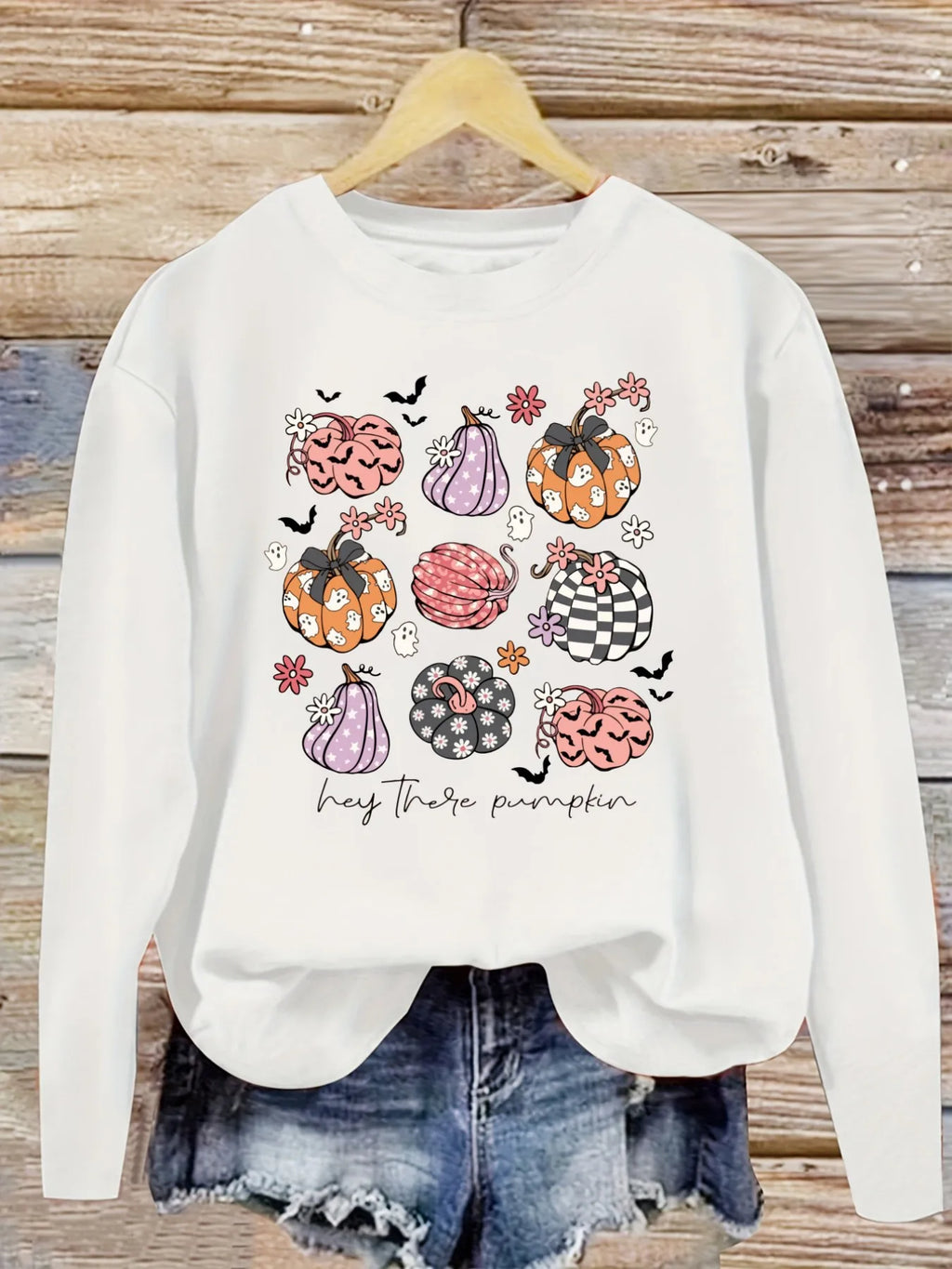 Women's Casual Long Sleeve Crew Neck T-Shirt Hey There Pumpkin Print Design Design, Round Neck Women's Clothing, Machine Washable, Slightly Elastic, Loose Fit, Spring Autumn Winter Women's T-Shirt, Halloween Costume Outfit