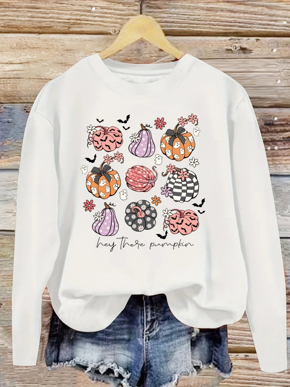 Women's Casual Long Sleeve Crew Neck T-Shirt Hey There Pumpkin Print Design Design, Round Neck Women's Clothing, Machine Washable, Slightly Elastic, Loose Fit, Spring Autumn Winter Women's T-Shirt, Halloween Costume Outfit