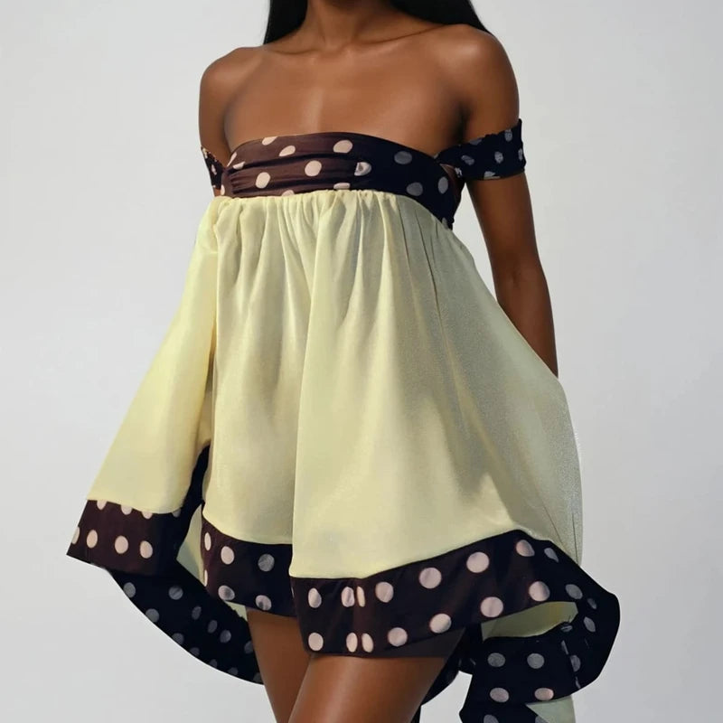 Combhasaki Women's Y2k Polka Dots Bubble Mini Dress with Choker Off Shoulder High Low Ruffle Hem Square Neck Flowy Swing Dresses