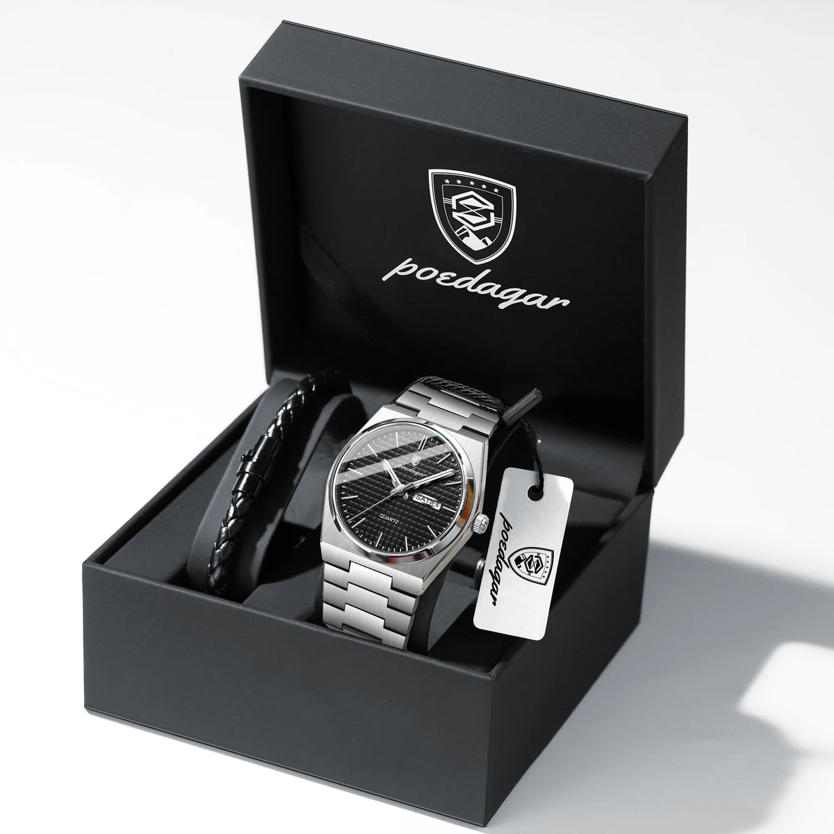 POEDAGAR Fashion Couple Watch Waterproof Stainless Steel Men Wristwatch Luminous Date Week Quartz Watches for Boyfriend+Gift Box