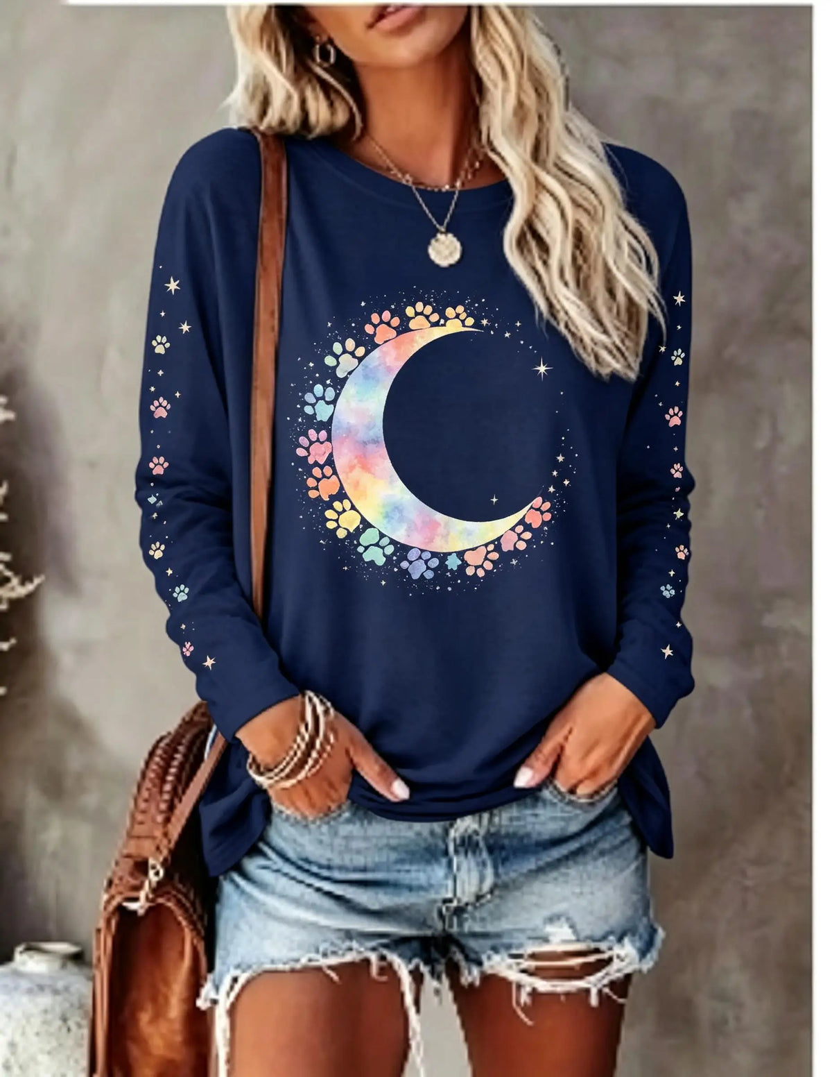 Women Long Sleeve T‑Shirt Rainbow Heart Pet Paw Print Cute Aesthetic Crew Neck Casual Fall Tops