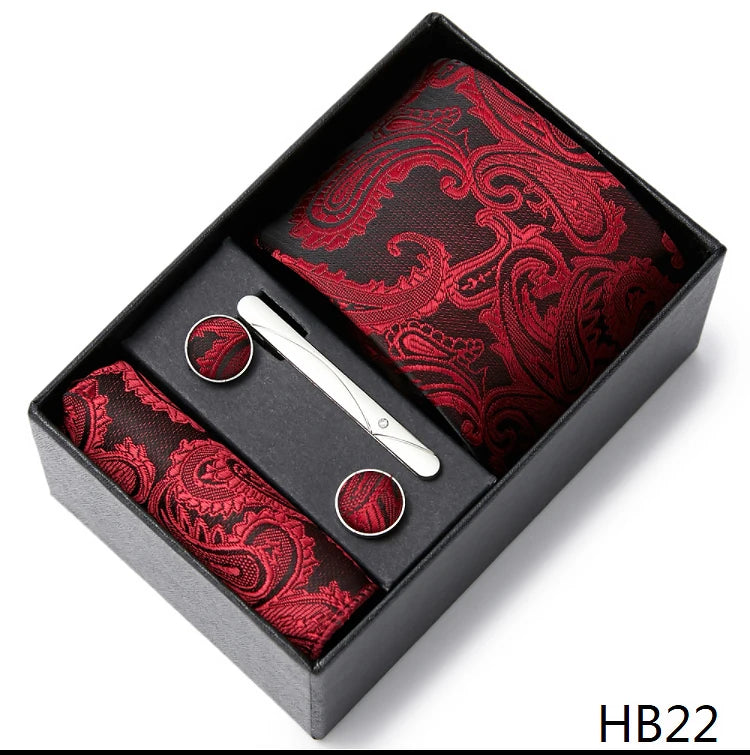 2023 Fashion 7.5 CM Width Tie Sets Black Men's Tie Hankerchiefs Cufflinks Clip Box Wedding Gift Handmade Necktie Work Clothing