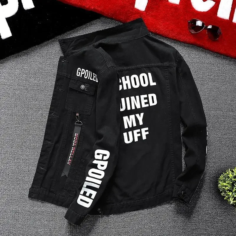Jeans Coat for Men Hip Hop With Print Ripped Button Black Hole Denim Jackets Man Size L Large Lxury Worn Cowgirl Fast Delvery G