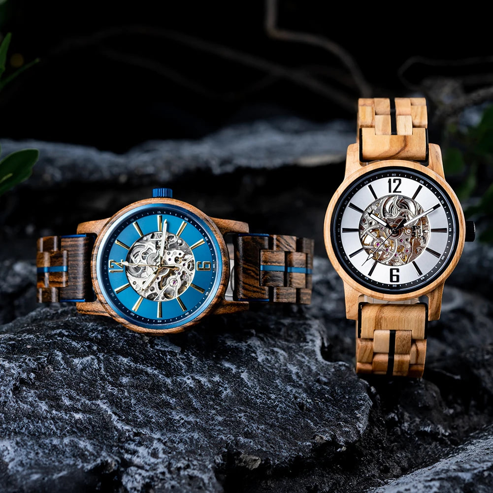 BOBO BIRD Nuevos Relojes Mecánicos para Hombre de Madera Real de Lujo Esqueleto Automático Regalo Personalizado de Navidad para Hombre