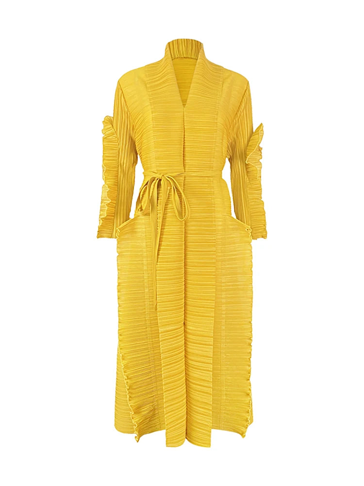 Miyake Pleated Petal Sleeve Dress Lapel Cardigan Sashes High Fashion Loose Long Dresses Fall 2022 Winter Women Designer Clothes