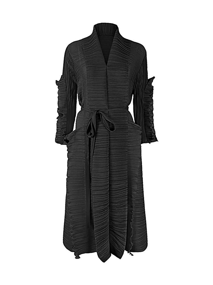 Miyake Pleated Petal Sleeve Dress Lapel Cardigan Sashes High Fashion Loose Long Dresses Fall 2022 Winter Women Designer Clothes