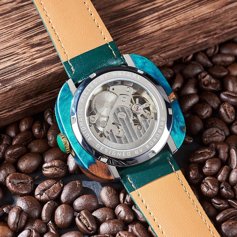 Reloj de pulsera mecánico de madera y resina para hombre BOBO BIRD, personalizado con nombre o logotipo, regalo para novio, admite dropshipping