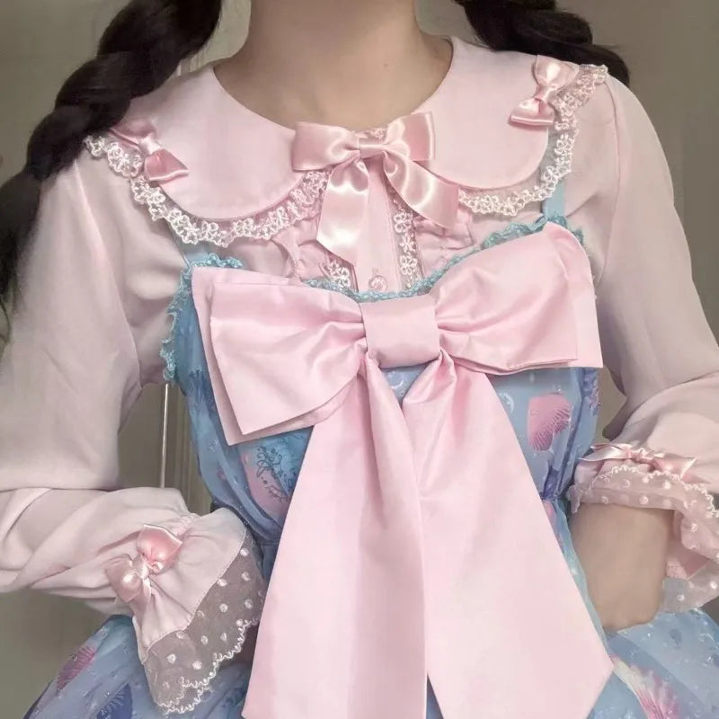 Blusa estilo Sweet Lolita japonés de poliéster para mujer con cuello de encaje y lazo
