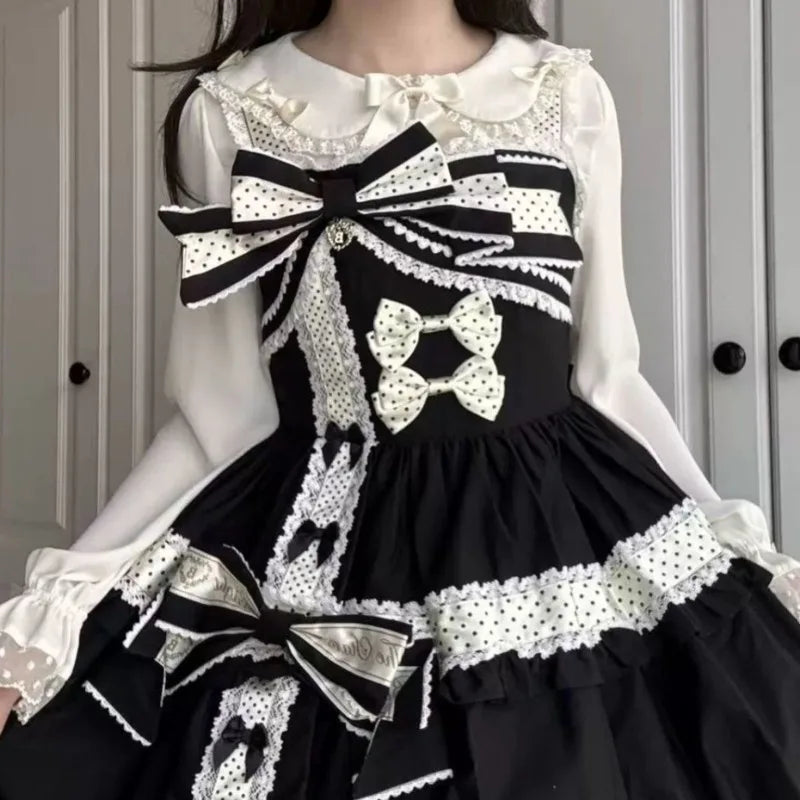 Blusa estilo Sweet Lolita japonés de poliéster para mujer con cuello de encaje y lazo