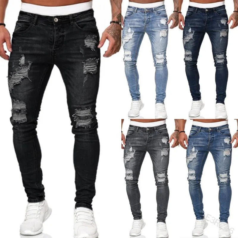 Mode Street Style slitna skinny jeans för män vintagetvätt enfärgade jeansbyxor herr vardagliga slim fit pennjeans heta nyheter