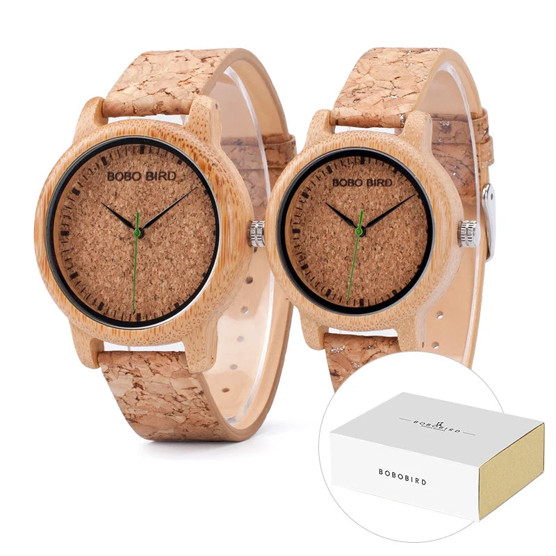 Relojes para parejas BOBO BIRD, relojes de madera, correa de corcho hecha a mano, reloj de bambú para mujer, de lujo en caja, logotipo personalizado, envío directo