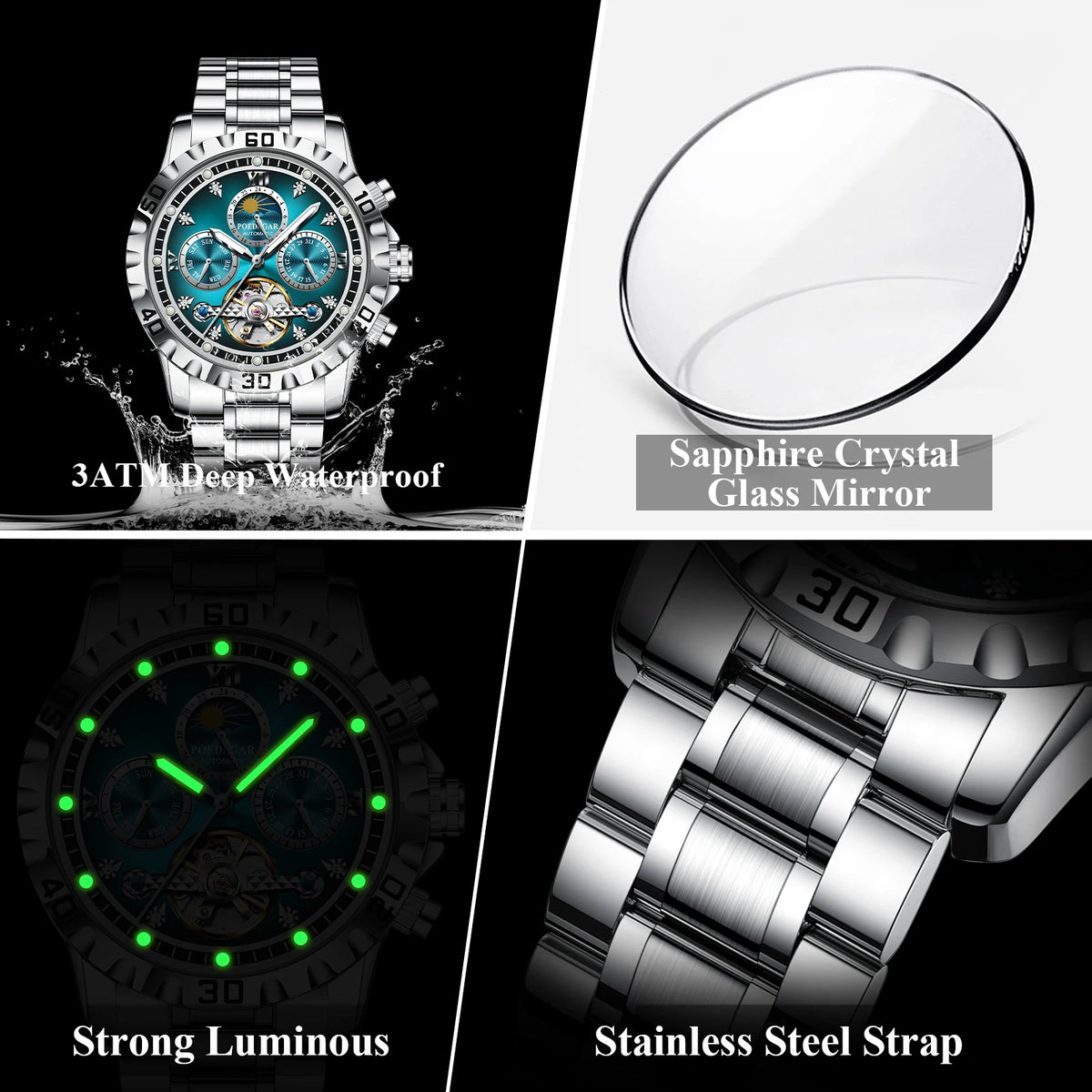 POEDAGAR Lovers Wristwatch Mechanical Waterproof Boyfriend Watch Hollow Tourbillon Automatic Stainless Steel Men's Watches Reloj