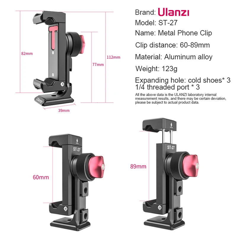 Ulanzi ST-27 Aluminum Phone Holder Clamp with Cold Shoe and Arca Tripod Mount