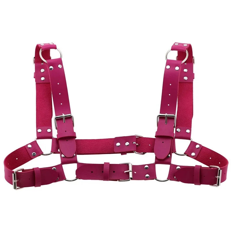 Arnés de pecho punk sexy para mujer y hombre, cadena corporal de metal enjaulado ajustable, gargantilla de cuero sintético, collar llamativo para fiesta y clubwear