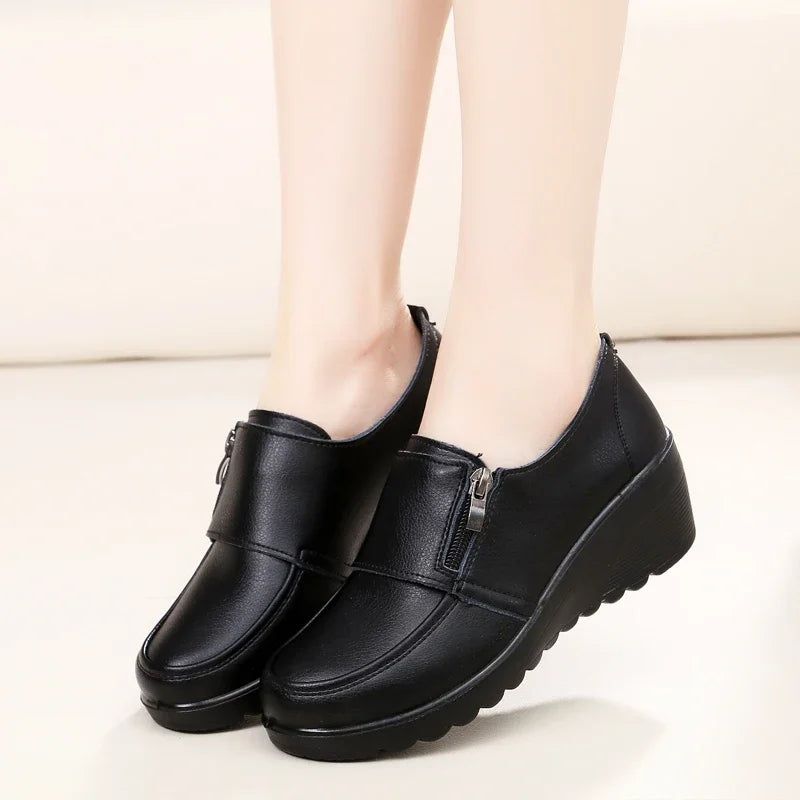 BEYARNE  Spring Autumn Women's Fashion Pumps Shoes Woman Genuine Leather Wedge Single Casual Shoes Mother High Heels shoesE175
