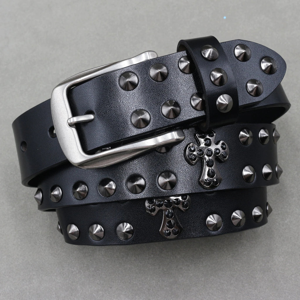 Heavy Metal Punk Belt Genuine Leather Hip Hop Belts for Men Cross Rivet Jeans Belt Male Strap Ceinture Homme Designer Belt