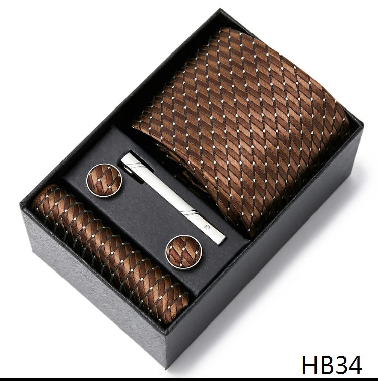 2023 Mode 7,5 cm breite Krawatten-Sets, schwarze Herren-Krawatte, Einstecktuch, Manschettenknöpfe, Krawattenklammer, Box, Hochzeitsgeschenk, handgefertigte Krawatte, Arbeitskleidung