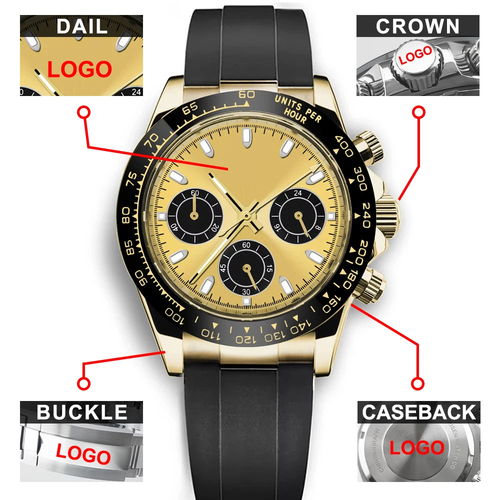 Corgeut Luxury Men's 39mm Quartz Watch Chronograph Sapphire Fashionable Trendy Stylish Sports Steel Band Wristwatch Custom Logo