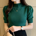 Women's Slim Fit Puff Sleeve Knitted Blouse with Half Turtleneck