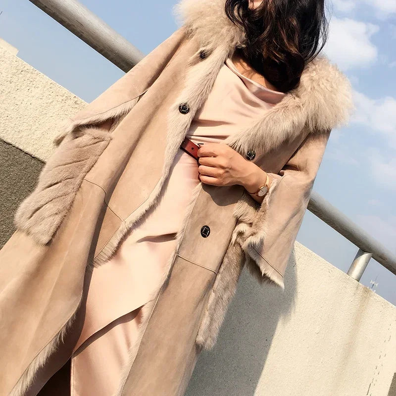 Elegancki damski płaszcz z prawdziwej owczej skóry w stylu vintage, kurtka z kieszeniami z futra norek, odzież damska, płaszcze zimowe, Roupas Femeninas Zjt912