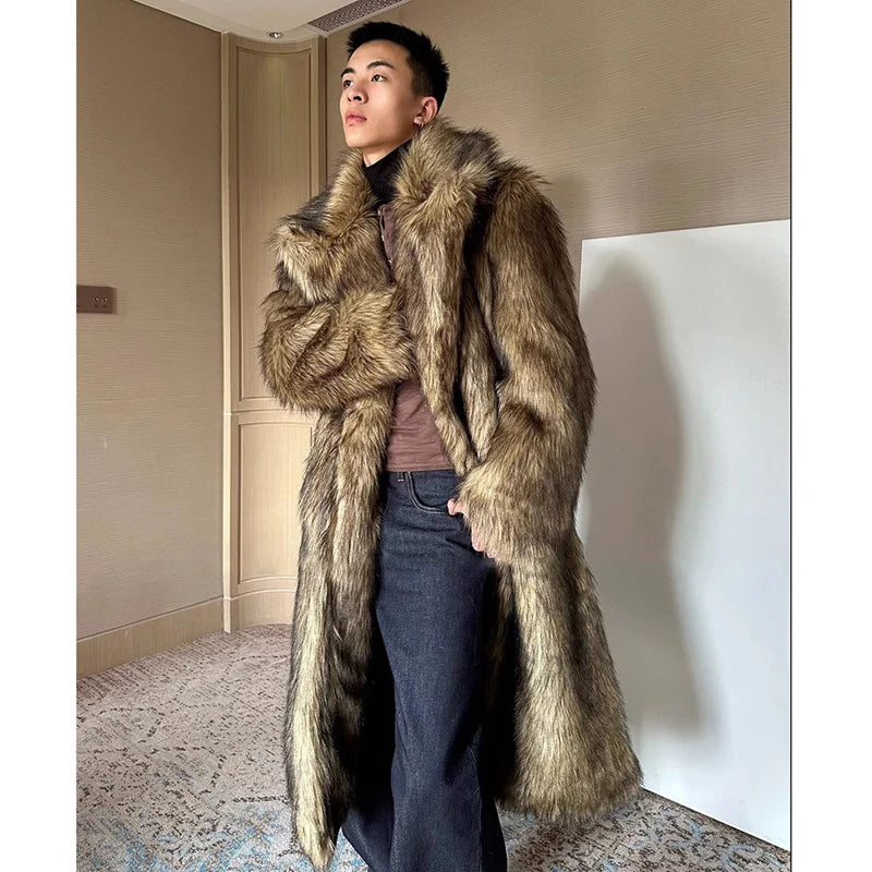 Abrigo de piel para hombre, piel de lobo, piel de zorro, abrigo largo con solapa, cortavientos de invierno cálido y resistente al viento, talla grande