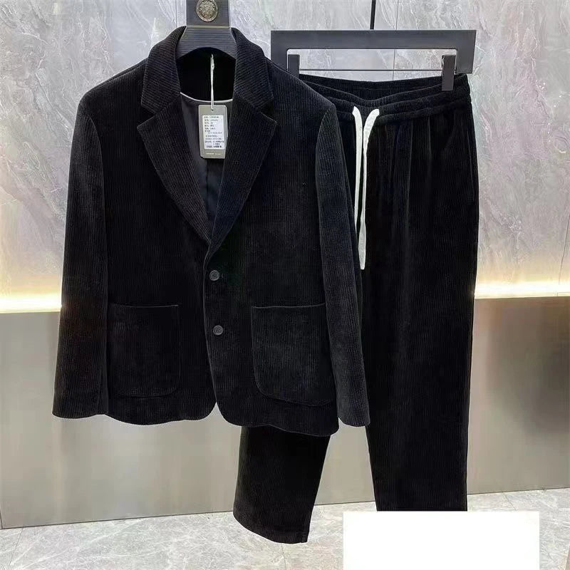 Fashion Suit Men's Spring Autumn Long Sleeve High-End Casual Korean Slim Two-Piece Set Solid Wrinkle Blazer With Lining Outfits