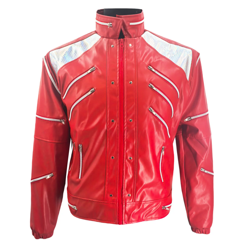 Men's Red PU Leather Jacket with Zipper and Turtleneck Collar