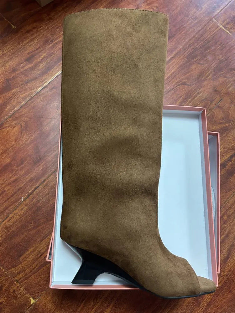 Damskie kozaki 2026 z odkrytymi palcami, na grubym wysokim obcasie, do kolan, typu "cool boots", z ukośnym obcasem, modowe, w dużych rozmiarach, wiosenno-letnie.