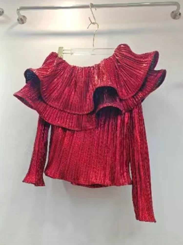 2026 Camisas De Mujer Solid Slash Neck Blouse Women's Clothing Ruffled Long Sleeve Sexy Shirts Slim Fit Fashion Vintage Blouses