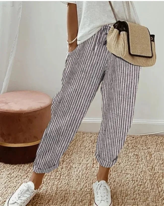 European and American Cross Border Women's Summer New Fashionable Loose Stripe Printed Elastic Waist Drawstring Casual Pants